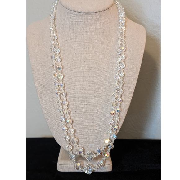 50s Long Two Strand Graduated Aurora Borealis Necklace W/ Hook Clasp - Picture 1 of 12